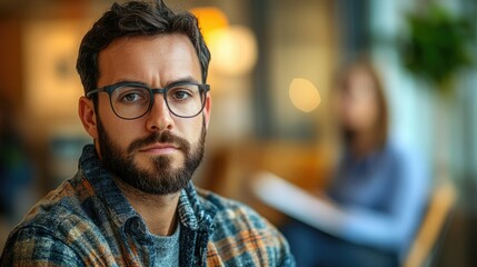 Obraz premium Man with beard and glasses sitting indoors during a casual gathering in a cozy atmosphere