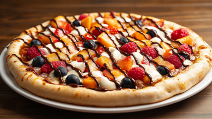 Colorful pizza topped with fresh fruits, cream, and chocolate drizzle, creating delightful dessert experience. Perfect for sweet cravings and gatherings