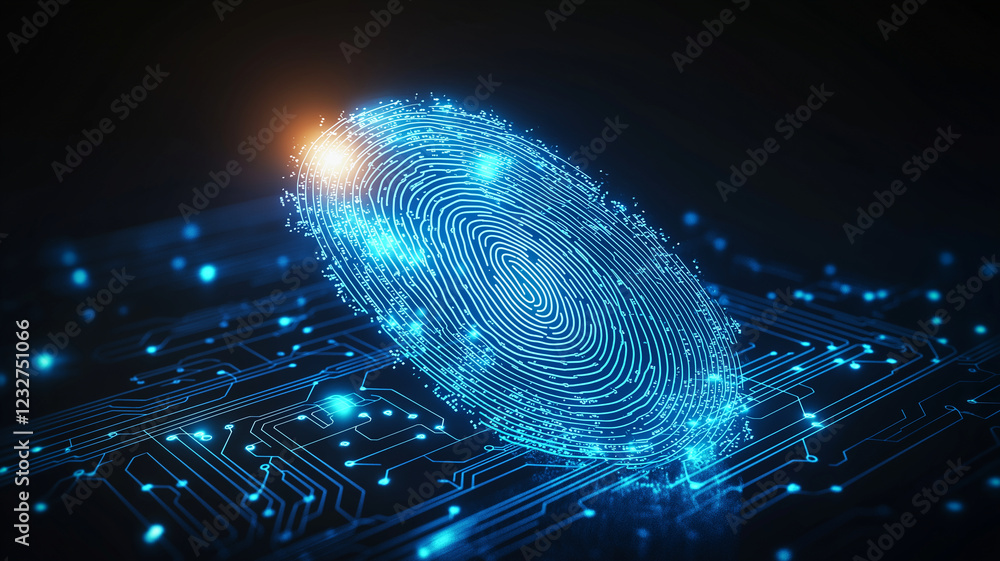 Poster futuristic glowing blue fingerprint on digital circuit background symbolizes advanced technology and