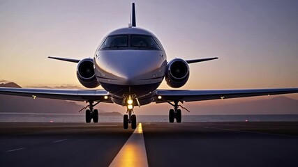 Airplane landing at sunset, illuminating the runway with golden light