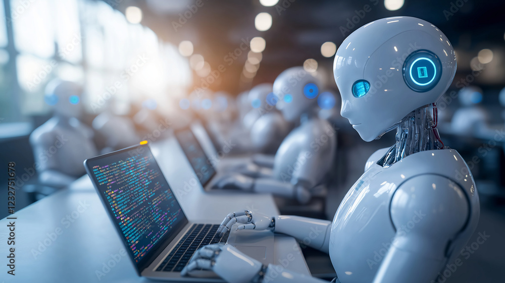 Poster group of white humanoid robots with blue eyes work on laptops in modern office. atmosphere is futuri
