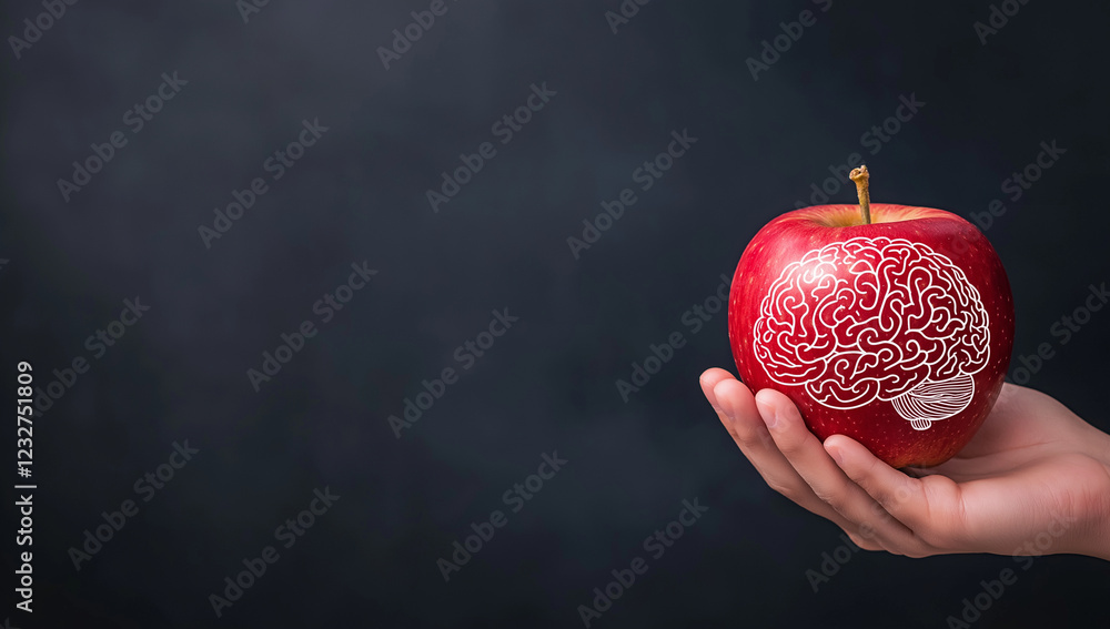 Poster hand holding red apple featuring brain pattern, symbolizing knowledge and creativity. contrast betwe