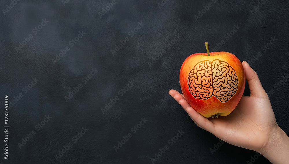 Poster hand holding apple with brain pattern carved into it, symbolizing creativity and knowledge. contrast
