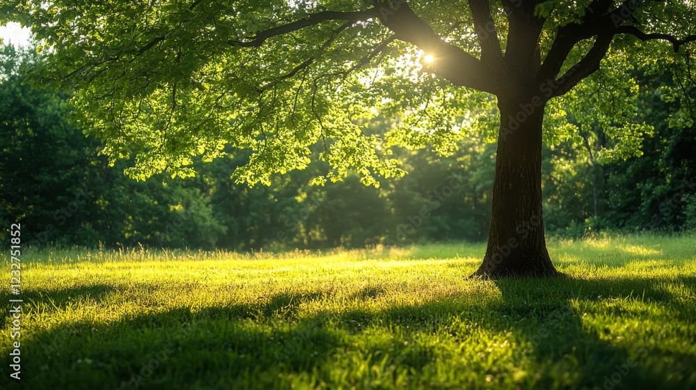 Poster sunlight filters through lush leaves of a large tree in a serene park setting during late afternoon