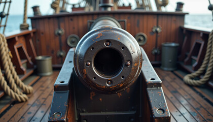 Weathered Nautical Cannon on Wooden Ship Deck Showcasing Maritime Heritage