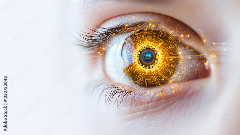 Poster hyper realistic image of robotic eye with glowing elements, showcasing intricate details and futuris