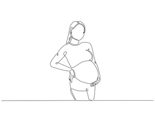 Continuous line drawing of pregnant woman touching her belly. Single line illustration of woman pregnant. International pregnant day concept. Editable outline