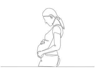 Continuous line drawing of pregnant woman touching her belly. Single line illustration of woman pregnant. International pregnant day concept. Editable outline