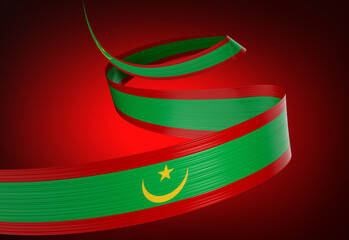 Flag Of Mauritania Shiny Waving Mauritania Ribbon Flag On Red Background 3d Illustration