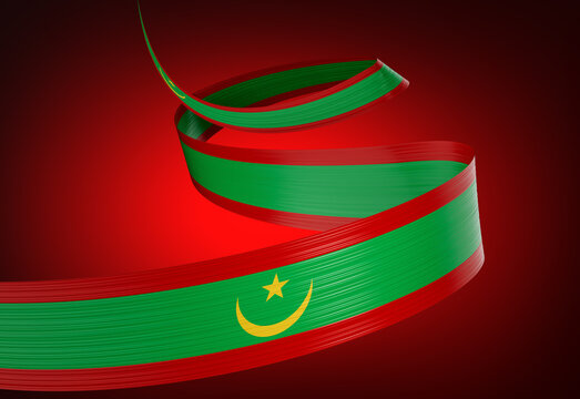 Flag Of Mauritania Shiny Waving Mauritania Ribbon Flag On Red Background 3d Illustration