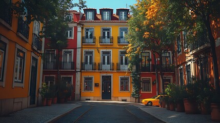 Obraz premium Lisbon street, colorful buildings, sunny day, travel guide