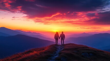 Fototapeta premium Sunset Summit: Silhouetted Couple Holding Hands on a Mountaintop at Golden Hour