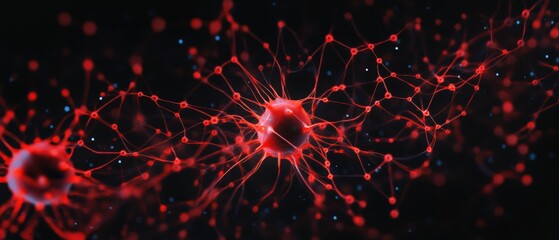 3d render of red interconnected neurons firing signals in a neural network, concept of brain activity, artificial intelligence, and machine learning.