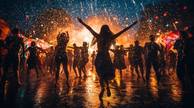 people dancing in the streets under a spray of water neon lights reflecting on wet pavement electric night-time festival energy Songkran celebrations in full swing Stock Photo with side copy space