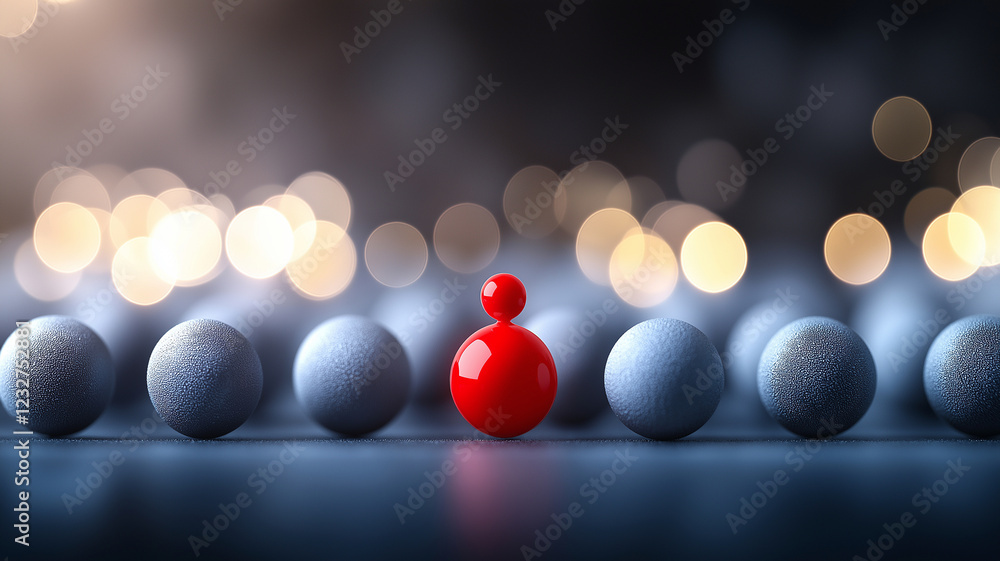 Poster red figure stands out among row of gray spheres, creating striking visual contrast. blurred backgrou