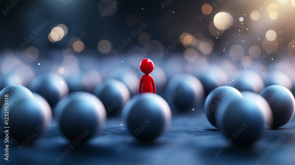Poster red figure stands out among crowd of gray spheres, creating striking visual contrast. background fea
