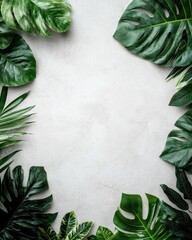 Fototapeta premium A lush arrangement of green leaves framing a light background, creating a natural and serene aesthetic.