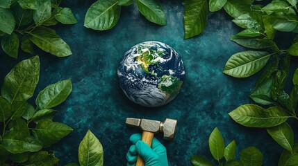 Minimal banner design with green leaves surrounding central image Earth. Gloved human hand, poised with hammer, seems ready to strike Earth, symbolizing consequences of human actions on environment.