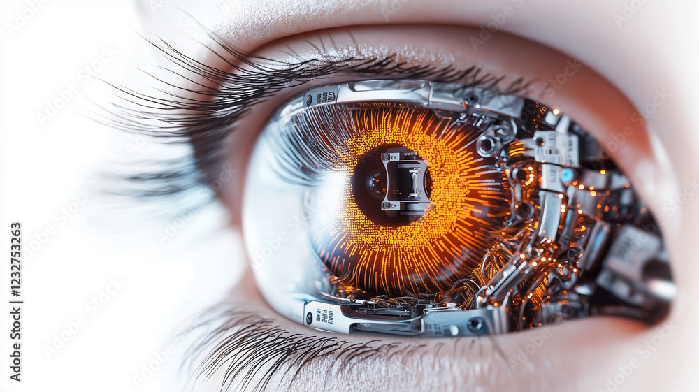 Poster robotic eye with intricate mechanical parts and glowing wires, showcasing advanced technology and in