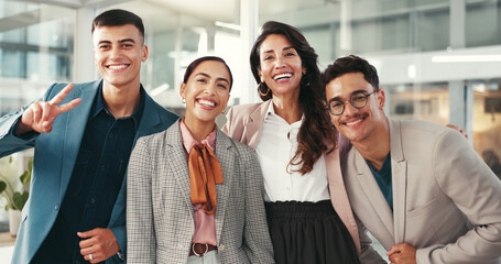 About us, portrait and smile of business people in office together for friendly introduction or...