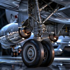 Fototapeta premium Detailed Close-up of Metal Airplane Landing Gear in Focus during Inspection on Airfield Runway with Hydraulic System and Wheels