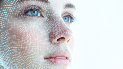 Young woman with striking blue eyes and a digital facial overlay illustrating beauty technology in a contemporary setting