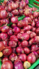 Red onion close-up in supermarket. Lots of red onions in plastic green box on market stall. Onions in green plastic box at farmers market. Onions for sale in store