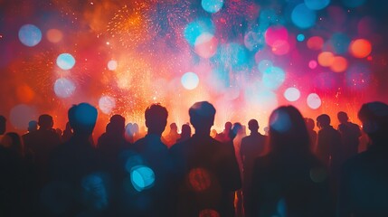 Fototapeta premium A close-up of fireworks bursting above a silhouette of a crowd, with the vibrant colors reflected in their faces, evoking a sense of unity and celebration.