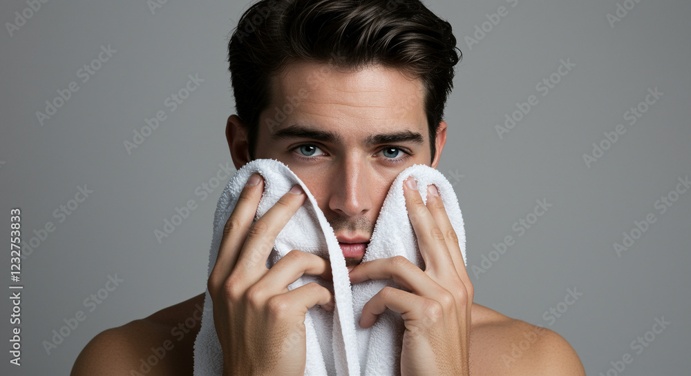 Poster man drying face with white towel. man is doing his skincare routine. handsome man with towel on face