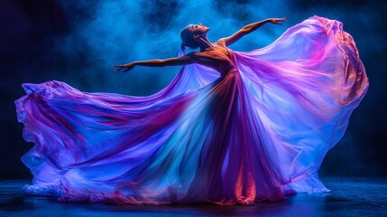 Thai dancer mid-spin with flowing silk costume dramatic movement expressive storytelling through cultural art warm stage lighting emphasizing rich textures Stock Photo with side copy space