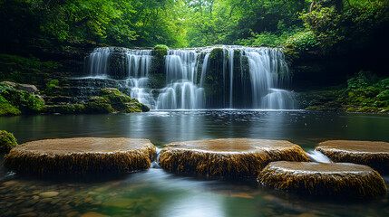 Fototapeta premium A romantic photography of a hidden waterfall in the Irish countryside, surrounded by moss-covered rocks, lush greenery, and the sound of cascading water.