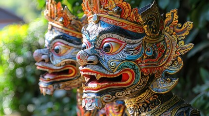 Fototapeta premium masked Khon dancers performing a traditional Thai drama play dynamic gestures historical storytelling through intricate costuming Thai performing arts Stock Photo with side copy space