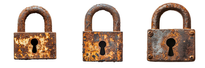 Collection of Vintage rusty padlock with keyhole isolated on a transparent background
