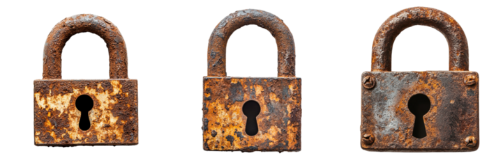 Collection of Vintage rusty padlock with keyhole isolated on a transparent background