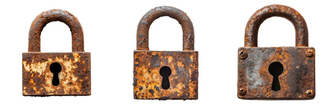 Collection of Vintage rusty padlock with keyhole isolated on a transparent background