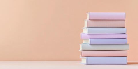 Stack of colorful hardcover books in pastel shades on neutral background