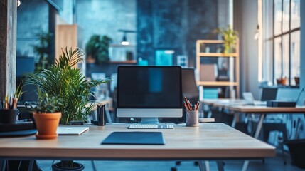 Modern Office Workspace With Computer And Plants