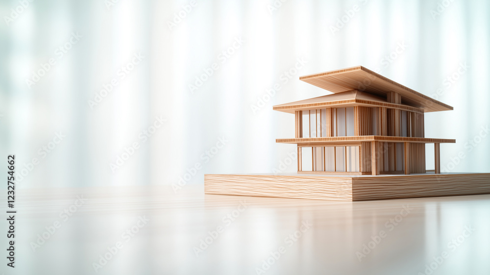 Poster wooden model of architectural house design showcases intricate details and craftsmanship. structure 