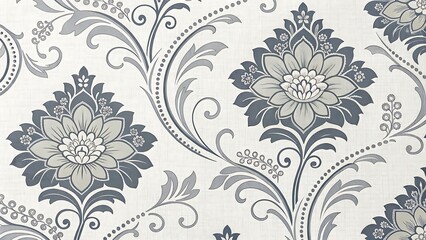 Classic Ornamental Gray Damask Pattern with Intricate Floral and Swirl Motifs for Elegant Wallpapers and Decorative Elements 