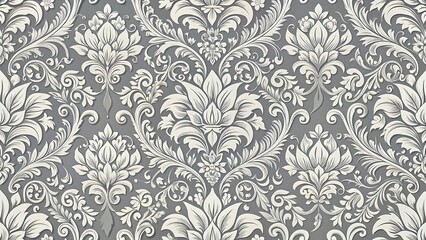 Classic Ornamental Gray Damask Pattern with Intricate Floral and Swirl Motifs for Elegant Wallpapers and Decorative Elements 