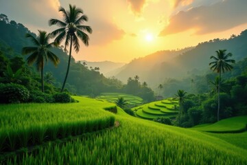 Rolling green rice paddies meet rainforest, majestic palm tree silhouette against sunlit foliage , view, outdoor