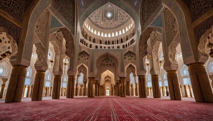 Obraz premium Grand mosque interior with detailed carvings and domes illuminated by natural light, reflecting a serene and spiritual ambiance of faith and cultural devotion. 