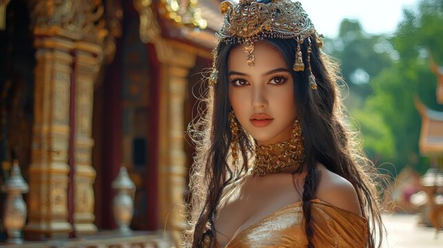 Thai woman wearing a golden chada headdress and silk dress standing in front of an old temple elegant pose warm golden hour lighting capturing Thailand cultural richness Stock Photo with side copy