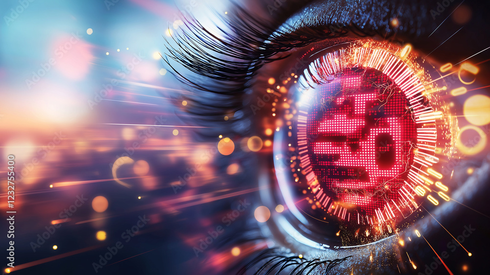 Poster close up of eye featuring vibrant digital speedometer, surrounded by dynamic light trails and bokeh 