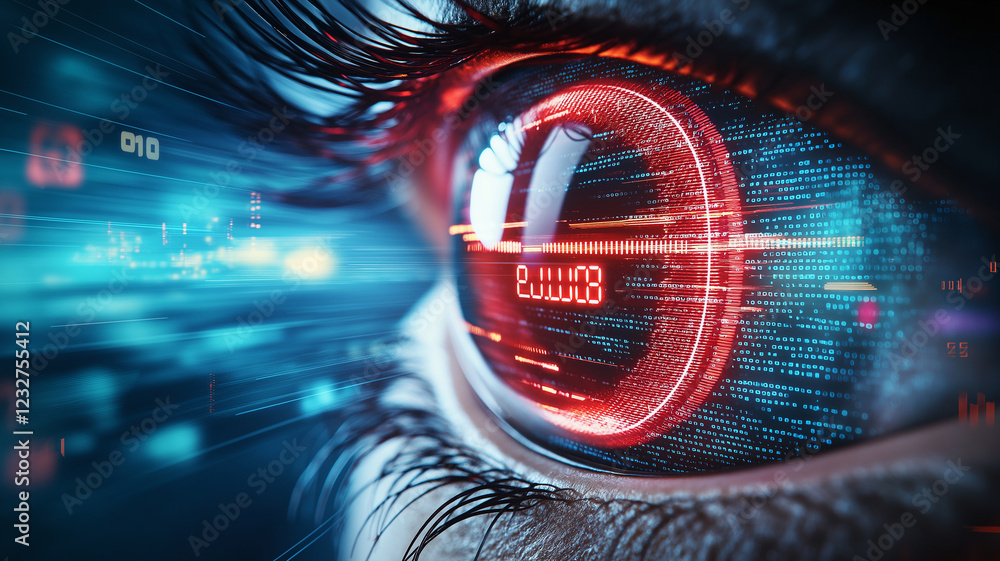 Poster close up of eye featuring red digital speedometer, surrounded by futuristic, cybernetic background w