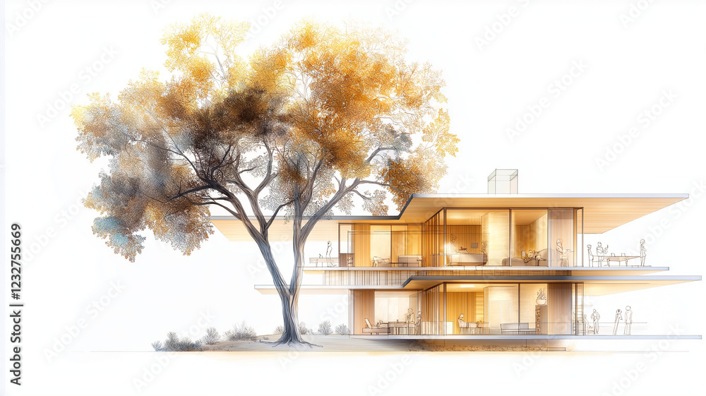 Poster modern multi story house design with large windows and open spaces, surrounded by trees. architectur