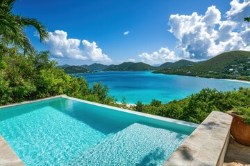 Fototapeta premium Secluded Infinity Pool Overlooking Turquoise Ocean Waters . A serene hot tub overlooking a picturesque tropical island, surrounded by lush greenery and clear blue waters.