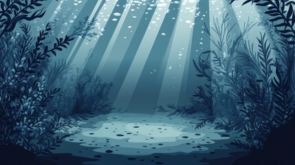 Fototapeta premium Sunbeams illuminate an underwater scene with aquatic plants and a sandy seabed.