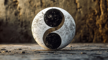 Symbol of harmony and balance represented by a yin-yang sculpture on a textured surface
