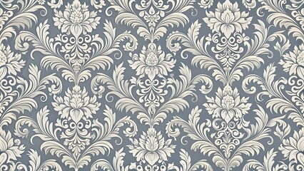 Fototapeta premium Classic Ornamental Gray Damask Pattern with Intricate Floral and Swirl Motifs for Elegant Wallpapers and Decorative Elements 